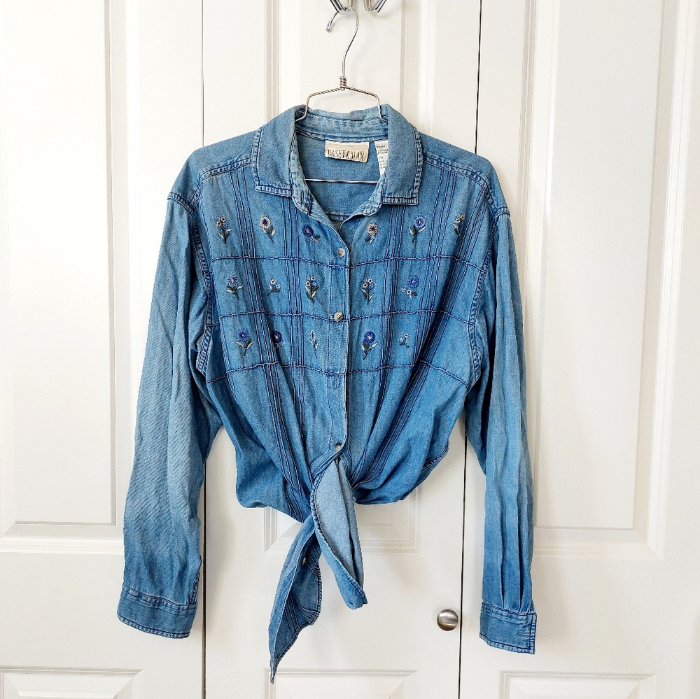 90s Chambray Floral Pintuck Shirt Large Casey & Max Cottagecore Granny Teacher‎